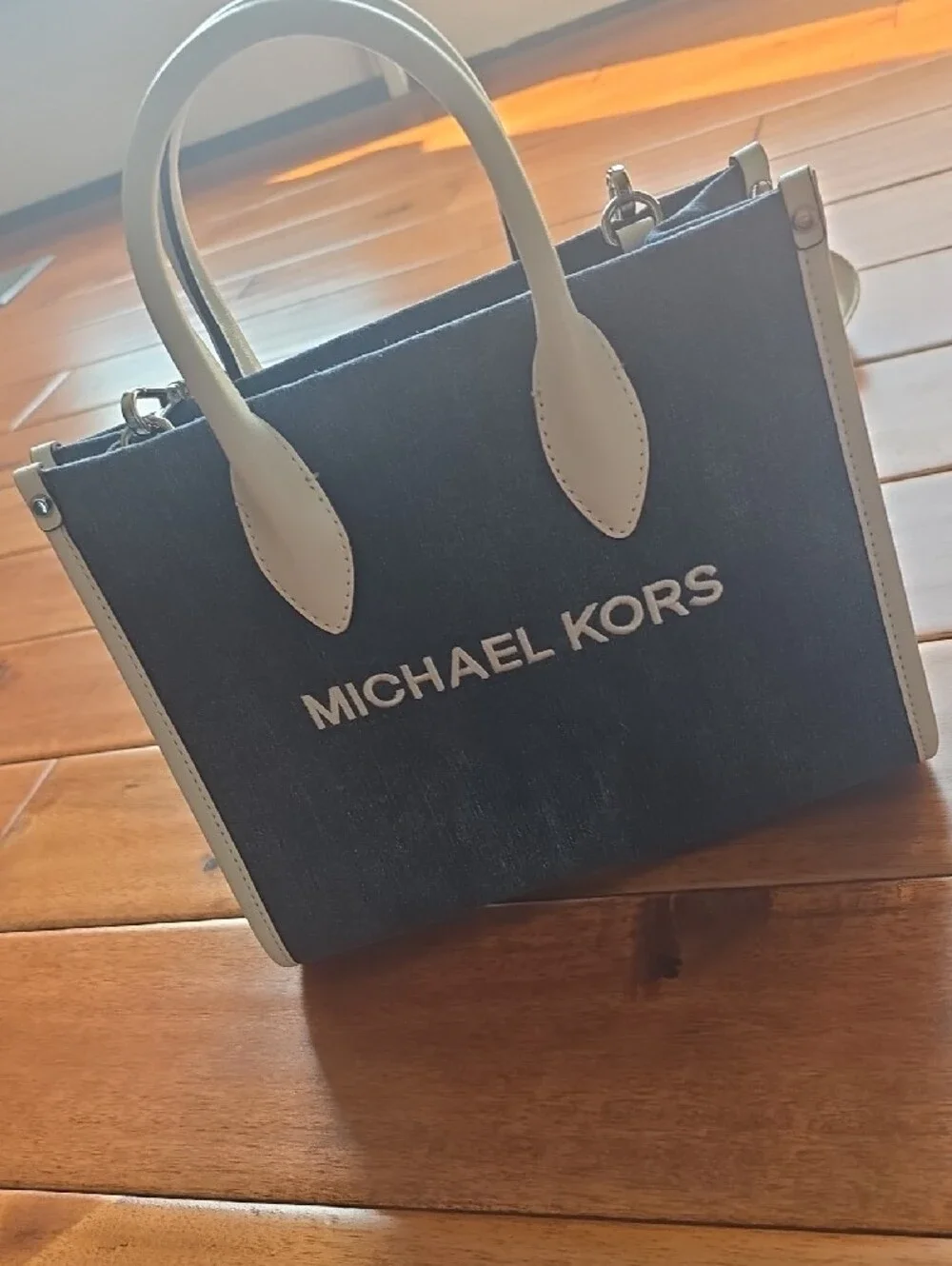 Michael Kors Denim and White Leather Satchel